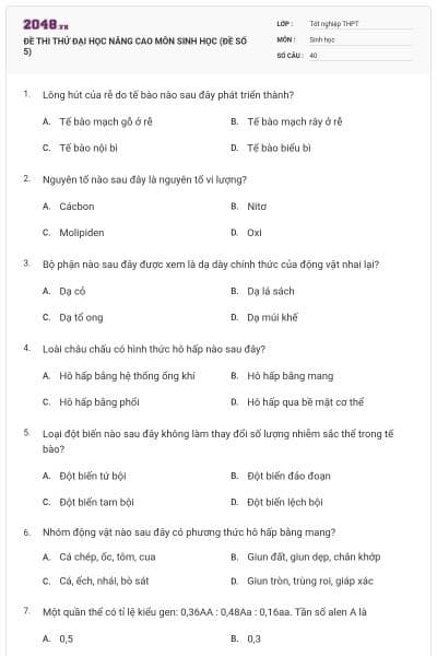 ĐỀ THI THỬ ĐẠI HỌC NÂNG CAO MÔN SINH HỌC (ĐỀ SỐ 5)