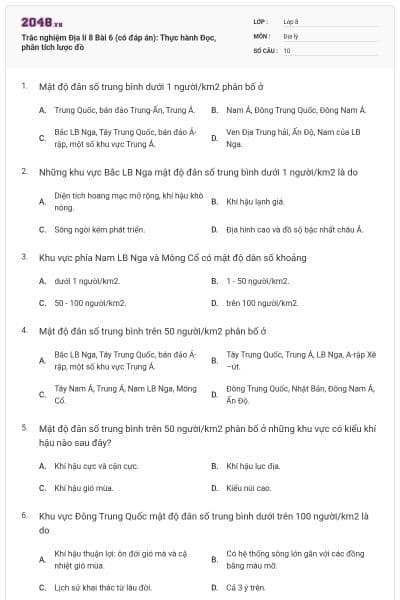 Trắc nghiệm Địa lí 8 Bài 6 (có đáp án): Thực hành Đọc, phân tích lược đồ