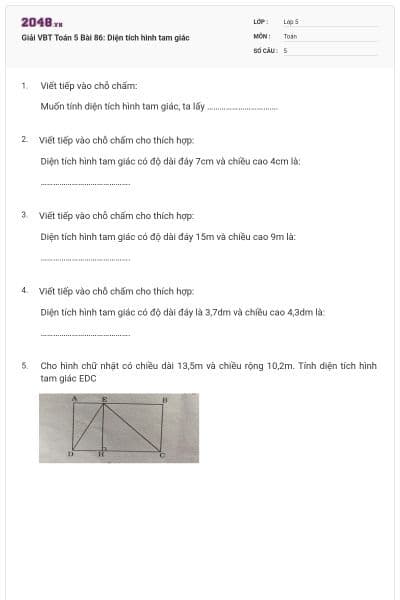 Giải VBT Toán 5 Bài 86: Diện tích hình tam giác