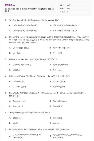 Bộ 10 đề thi cuối kì 2 Toán 7 Chân trời sáng tạo có đáp án - Đề 9