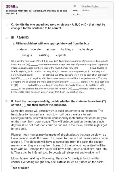 (Viên chức Mầm non) bài tập tiếng Anh theo chủ đề có đáp án - Test 1