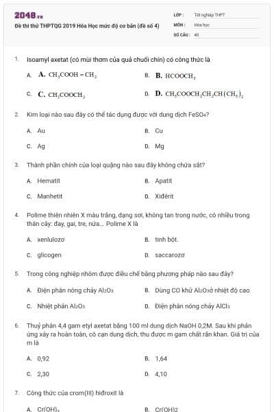 Đề thi thử THPTQG 2019 Hóa Học mức độ cơ bản (đề số 4)