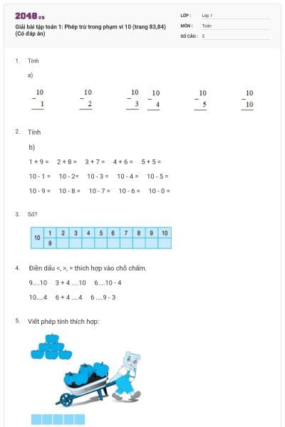 Giải bài tập toán 1: Phép trừ trong phạm vi 10 (trang 83,84) (Có đáp án)