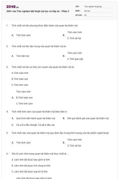 300+ câu Trắc nghiệm Mỹ thuật mỹ học có đáp án - Phần 2