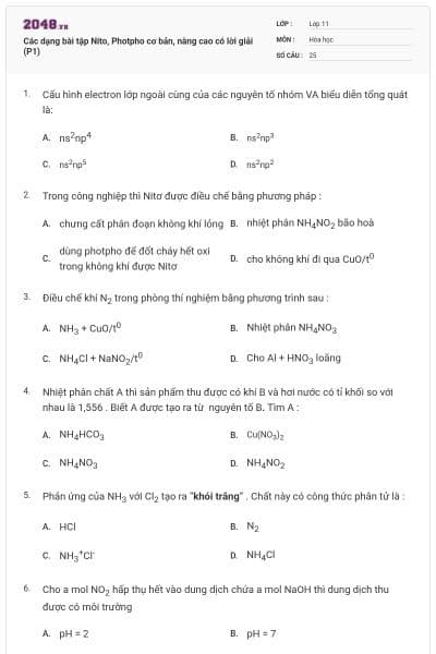 Các dạng bài tập Nito, Photpho cơ bản, nâng cao có lời giải (P1)