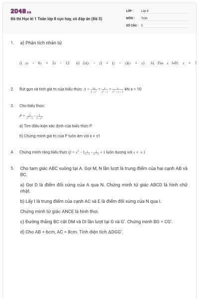 Đề thi Học kì 1 Toán lớp 8 cực hay, có đáp án (Đề 3)