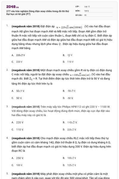 277 câu trắc nghiệm Dòng điện xoay chiều trong đề thi thử Đại học có lời giải (P7)