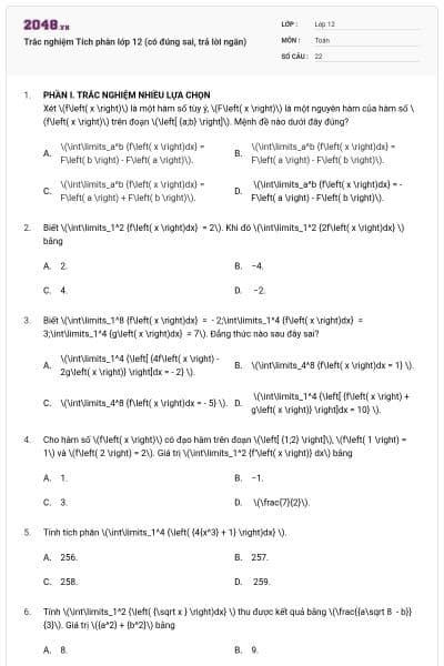 Trắc nghiệm Tích phân lớp 12 (có đúng sai, trả lời ngắn)