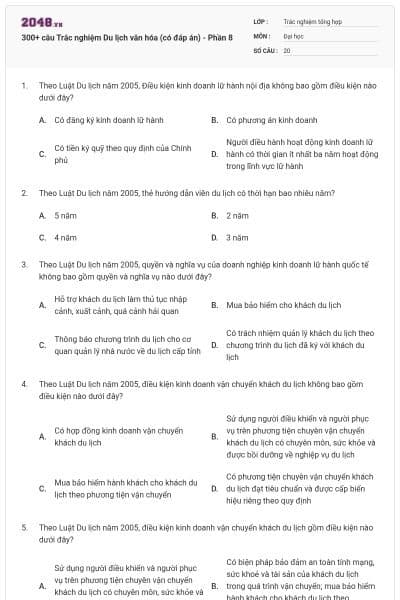 300+ câu Trắc nghiệm Du lịch văn hóa (có đáp án) - Phần 8