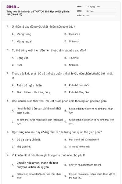 Tổng hợp đề ôn luyện thi THPTQG Sinh Học có lời giải chi tiết (Đề số 13)