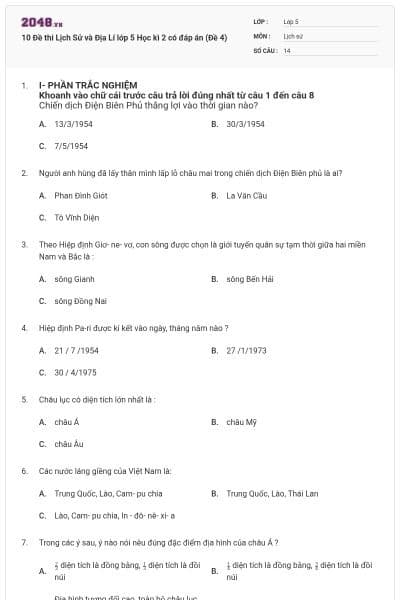 10 Đề thi Lịch Sử và Địa Lí lớp 5 Học kì 2 có đáp án (Đề 4)