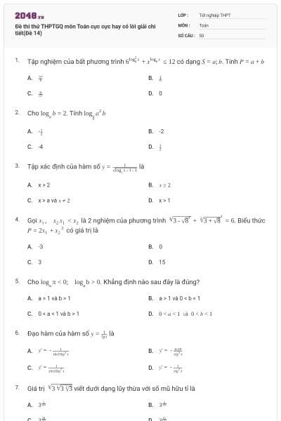 Đề thi thử THPTGQ môn Toán cực cực hay có lời giải chi tiết(Đề 14)