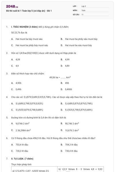 Đề thi cuối kì 1 Toán lớp 5 (có đáp án) - Đề 1