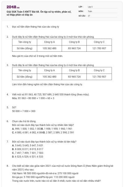 Giải SGK Toán 5 KNTT Bài 68. Ôn tập số tự nhiên, phân số, số thập phân có đáp án