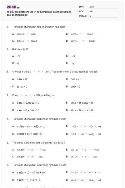 15 câu Trắc nghiệm Giá trị có lượng giác của một cung có đáp án (Nhận biết)