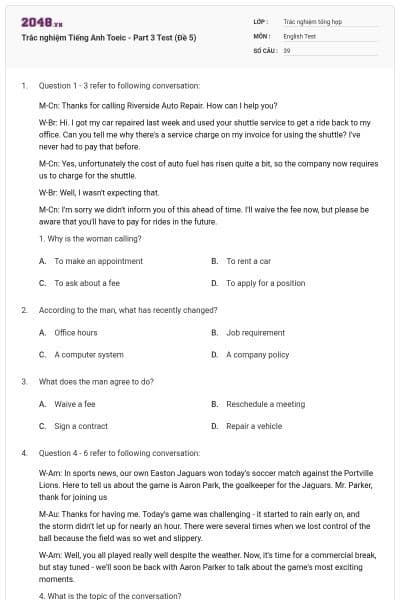 Trắc nghiệm Tiếng Anh Toeic - Part 3 Test (Đề 5)
