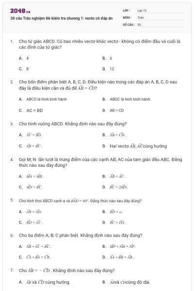 30 câu Trắc nghiệm Đề kiểm tra chương 1: vecto có đáp án