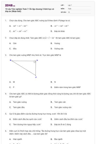 10 câu Trắc nghiệm Toán 7: Ôn tập chương 3 hình học có đáp án (Nhận biết)