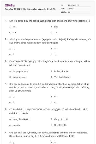 Tổng hợp đề thi thử Hóa Học cực hay có đáp án (Đề số 21)