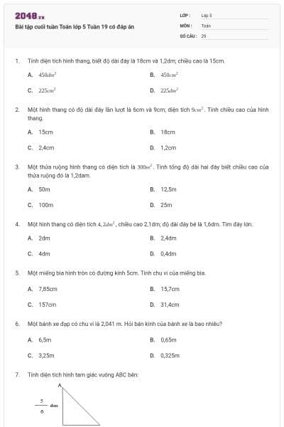 Bài tập cuối tuần Toán lớp 5 Tuần 19 có đáp án
