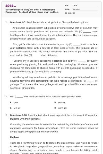 20 câu trắc nghiệm Tiếng Anh 8 Unit 3. Protecting the Environment - Reading & Writing - iLearn smart world có đáp án