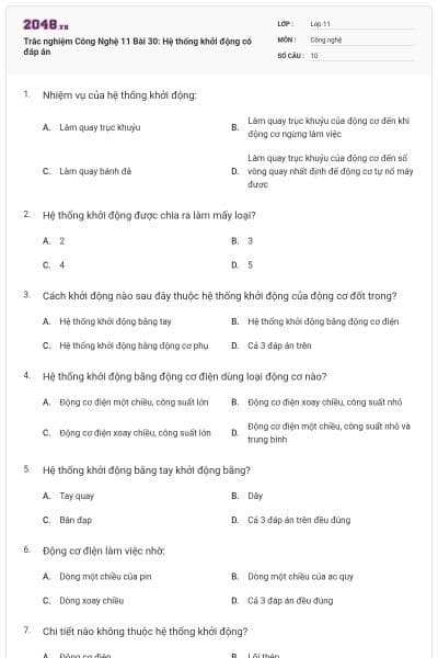 Trắc nghiệm Công Nghệ 11 Bài 30: Hệ thống khởi động có đáp án