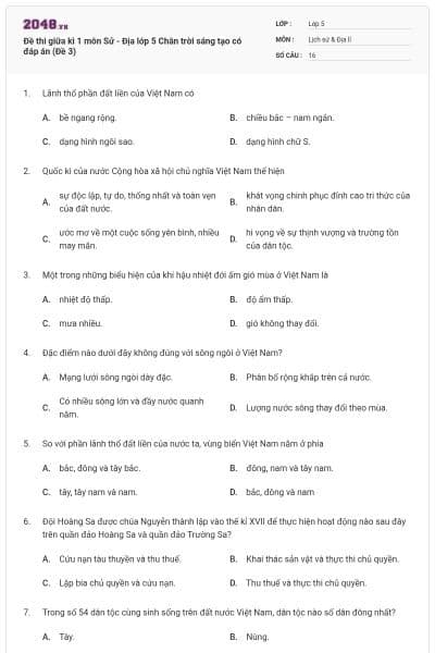 Đề thi giữa kì 1 môn Sử - Địa lớp 5 Chân trời sáng tạo có đáp án (Đề 3)