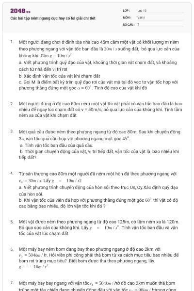 Các bài tập ném ngang cực hay có lời giải chi tiết