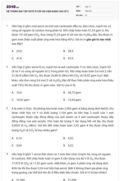 HỆ THỐNG BÀI TẬP ESTE Ở CẤP ĐỘ VẬN DỤNG CAO (P1)