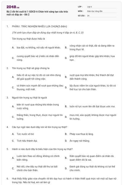Bộ 2 đề thi cuối kì 1 GDCD 6 Chân trời sáng tạo cấu trúc mới có đáp án - Đề 2