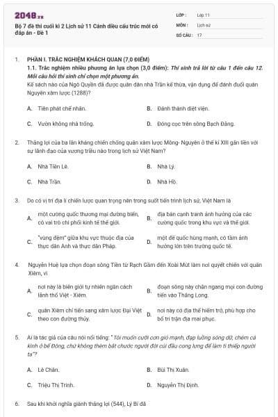 Bộ 7 đề thi cuối kì 2 Lịch sử 11 Cánh diều cấu trúc mới có đáp án - Đề 1