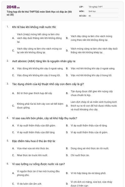 Tổng hợp đề thi thử THPTQG môn Sinh Học có đáp án (Đề số 30)