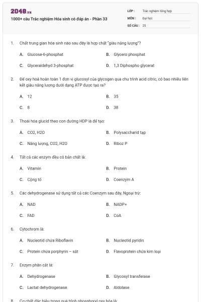 1000+ câu Trắc nghiệm Hóa sinh có đáp án - Phần 33