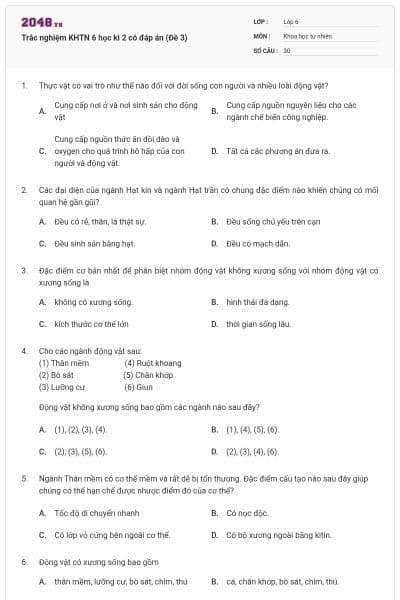 Trắc nghiệm KHTN 6 học kì 2 có đáp án (Đề 3)