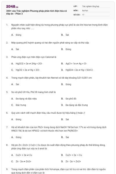 300+ câu Trắc nghiệm Phương pháp phân tích điện hóa có đáp án - Phần 3