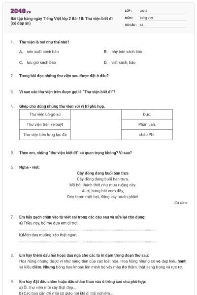 Bài tập hàng ngày Tiếng Việt lớp 2 Bài 18: Thư viện biết đi (có đáp án)