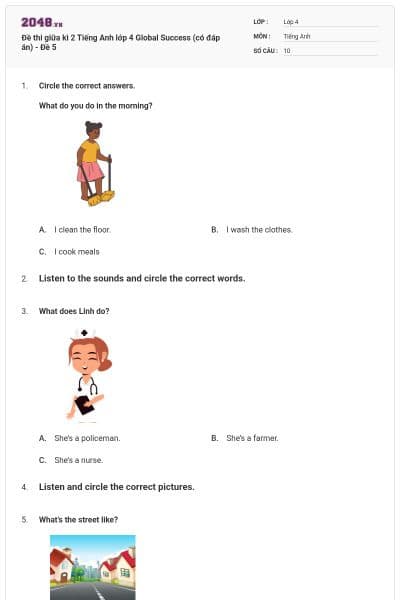 Đề thi giữa kì 2 Tiếng Anh lớp 4 Global Success (có đáp án) - Đề 5
