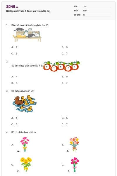 Bài tập cuối Tuần 6 Toán lớp 1 (có đáp án)