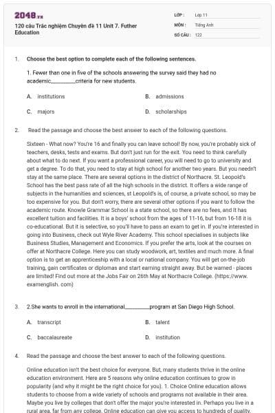 120 câu  Trắc nghiệm Chuyên đề 11 Unit 7. Futher Education