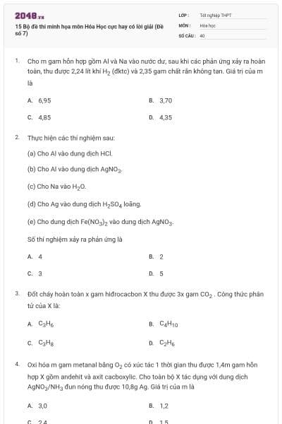 15 Bộ đề thi minh họa môn Hóa Học cực hay có lời giải (Đề số 7)