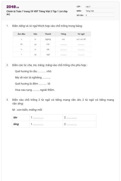 Chính tả Tuần 7 trang 29 VBT Tiếng Việt 2 Tập 1 (có đáp án)