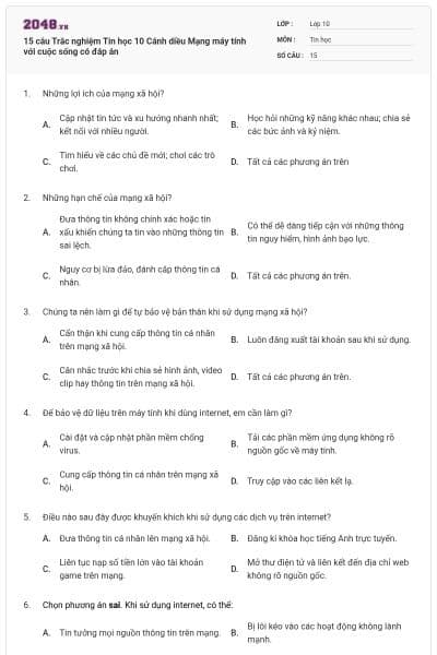 15 câu Trắc nghiệm Tin học 10 Cánh diều Mạng máy tính với cuộc sống có đáp án