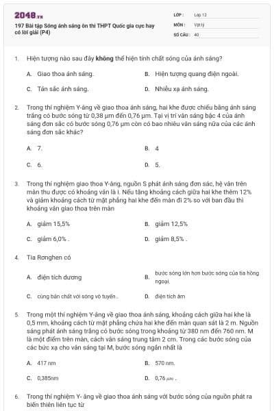 197 Bài tập Sóng ánh sáng ôn thi THPT Quốc gia cực hay có lời giải (P4)