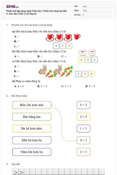 Phiếu bài tập hàng ngày Toán lớp 1 Chân trời sáng tạo Bài 6. Các dấu (Tiết 1) có đáp án