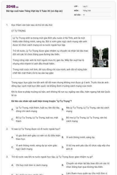 Bài tập cuối tuần Tiếng Việt lớp 5 Tuần 30 (có đáp án)