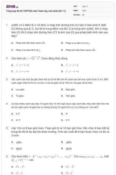 Tổng hợp đề thi THPTQG môn Toán hay, mới nhất (đề 11)