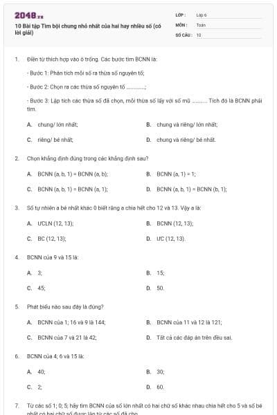 10 Bài tập Tìm bội chung nhỏ nhất của hai hay nhiều số (có lời giải)