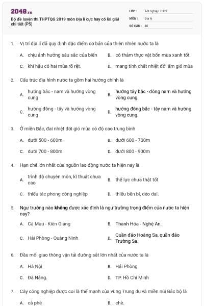 Bộ đề luyện thi THPTQG 2019 môn Địa lí cực hay có lời giải chi tiết (P5)