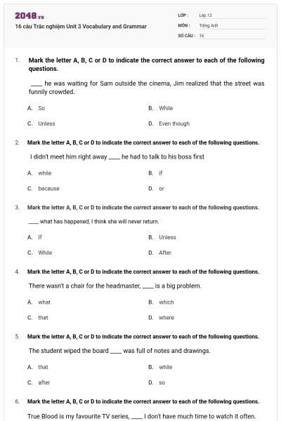 16 câu Trắc nghiệm Unit 3 Vocabulary and Grammar