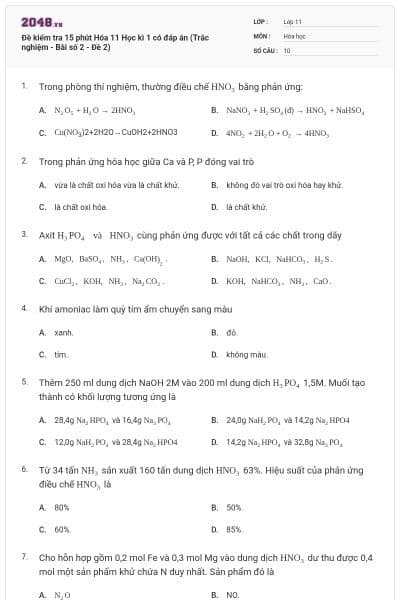 Đề kiểm tra 15 phút Hóa 11 Học kì 1 có đáp án (Trắc nghiệm - Bài số 2 - Đề 2)